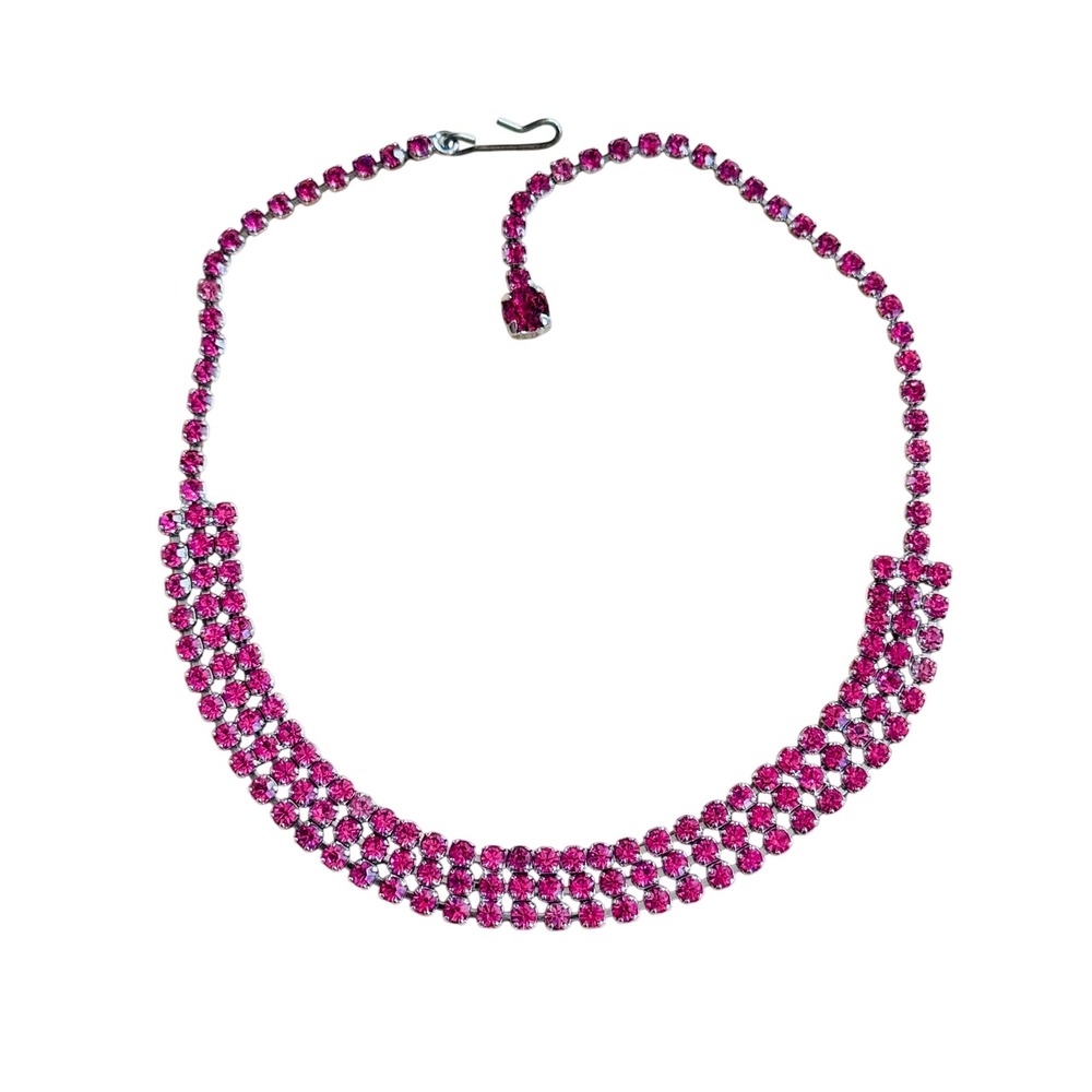 VTG Princess Choker Necklace Crystal Rhinestone Pink Triple Row Choker Prom 60s